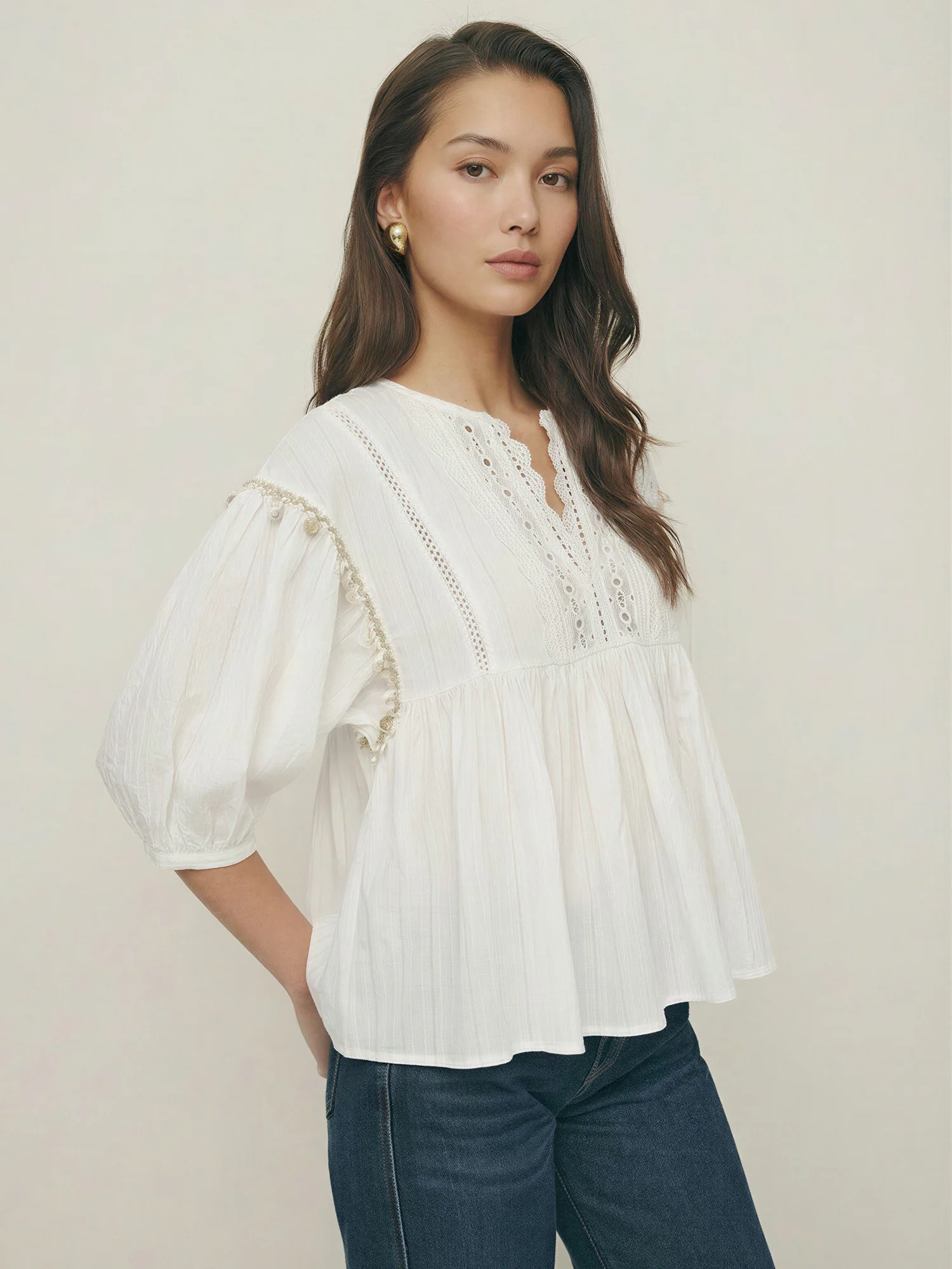 Alexa Boho Seashell Trim Blouse