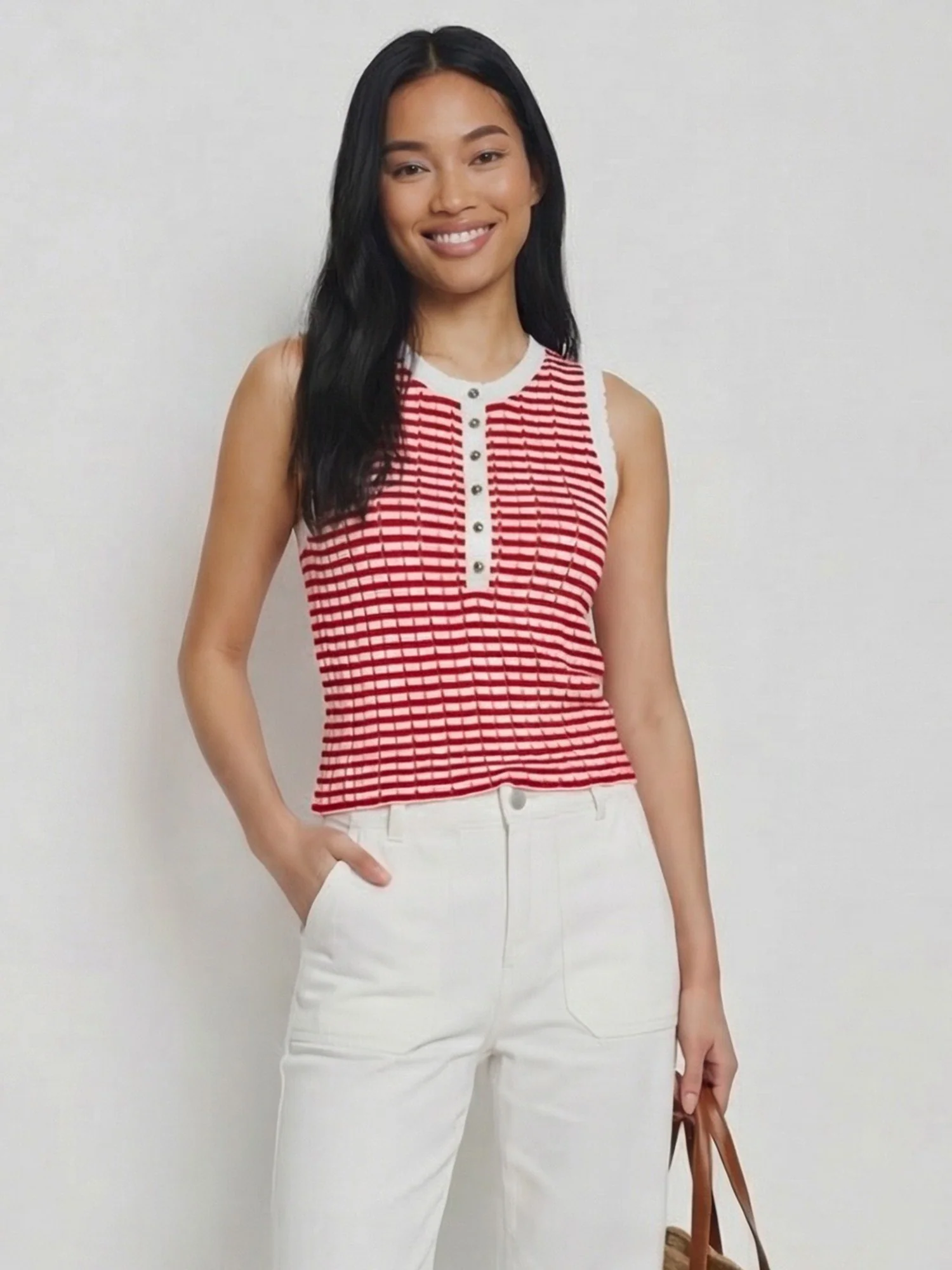 Button Striped Crochet Tank Top - Image 7