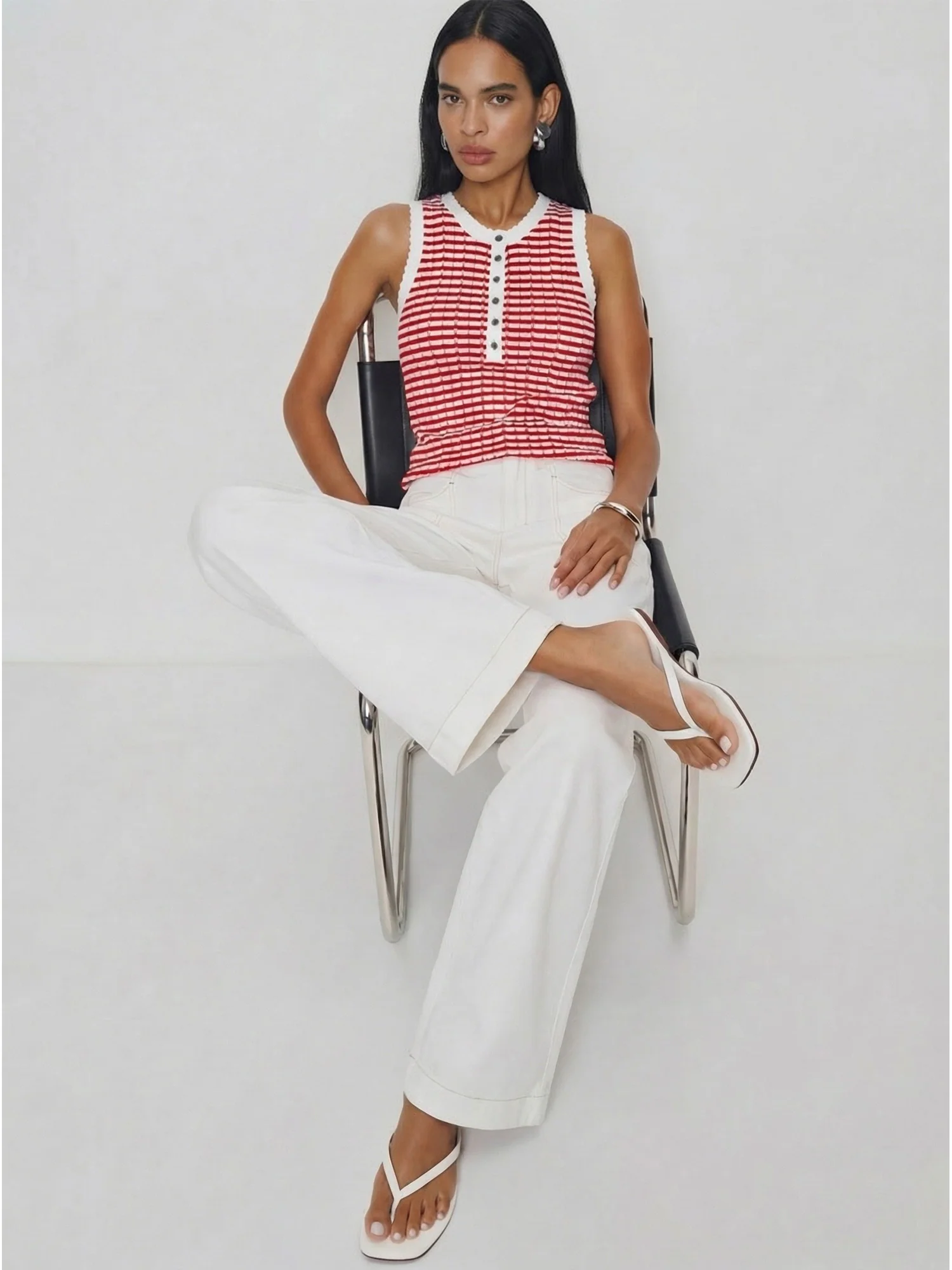 Button Striped Crochet Tank Top - Image 8