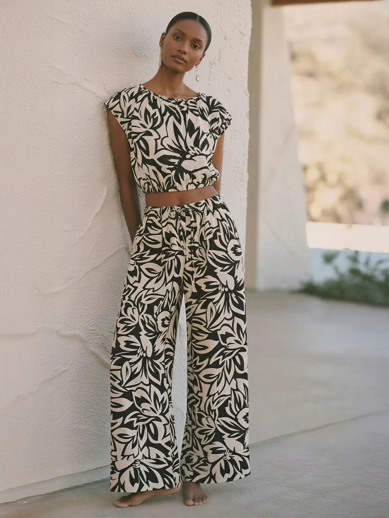 Cap Sleeve Abstract Floral Elastic Hem - Image 3