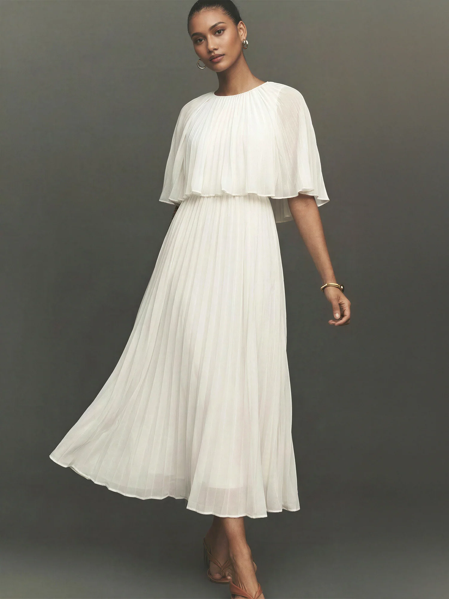 Cape Pleated Woven Midi Dress