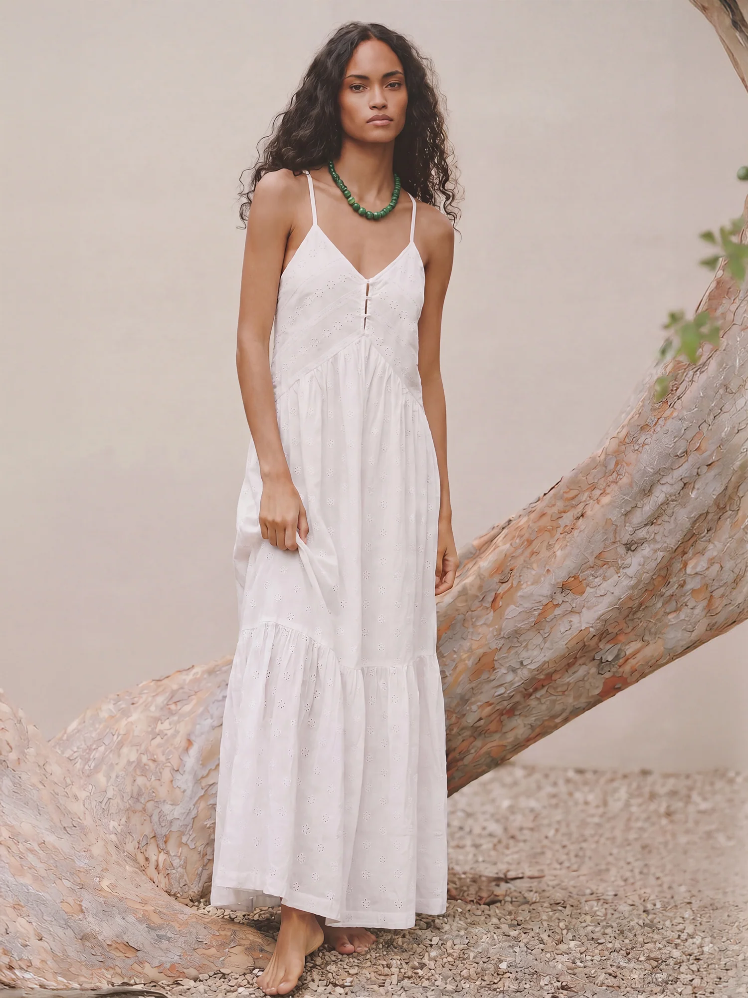 Cotton Swiss Dot And Eyelet Sleeveless Empired Waist Tiered Maxi Dress - Image 5