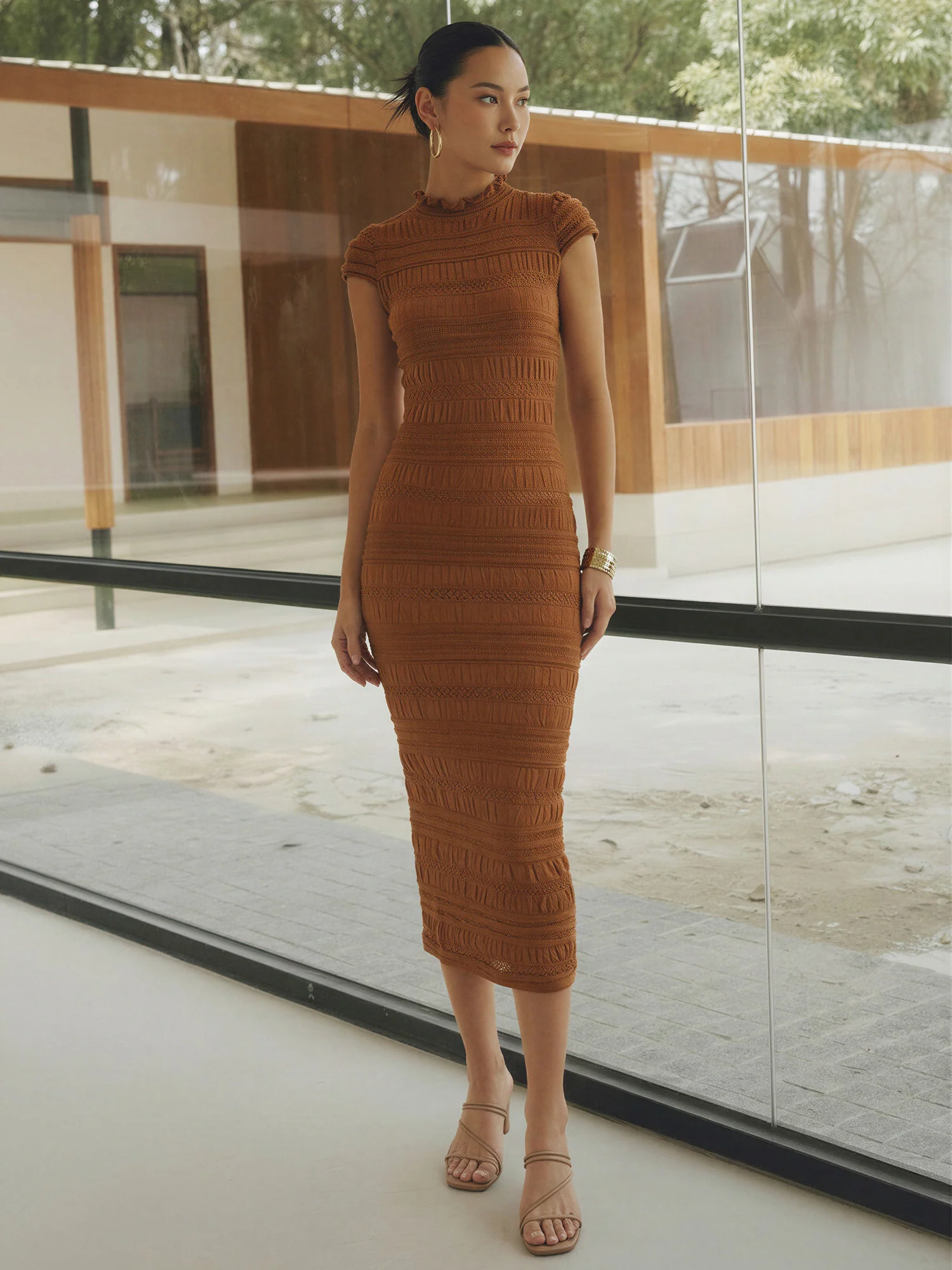 Delicate Ruffled Cap Sleeves Textured Knit Bodycon Dress - Image 7