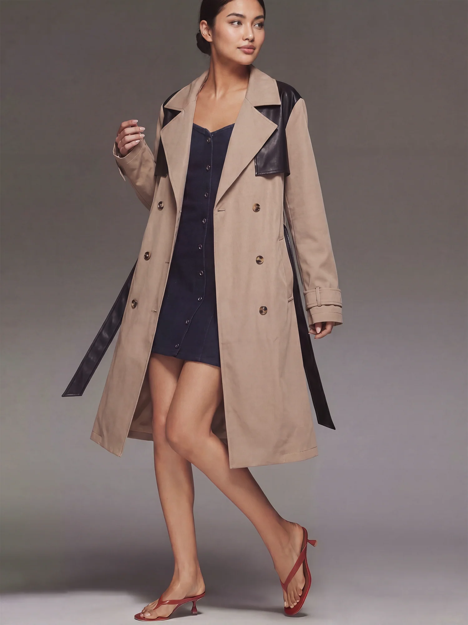 Double Breasted Removable Faux Leather Mix Trench Coat - Image 3