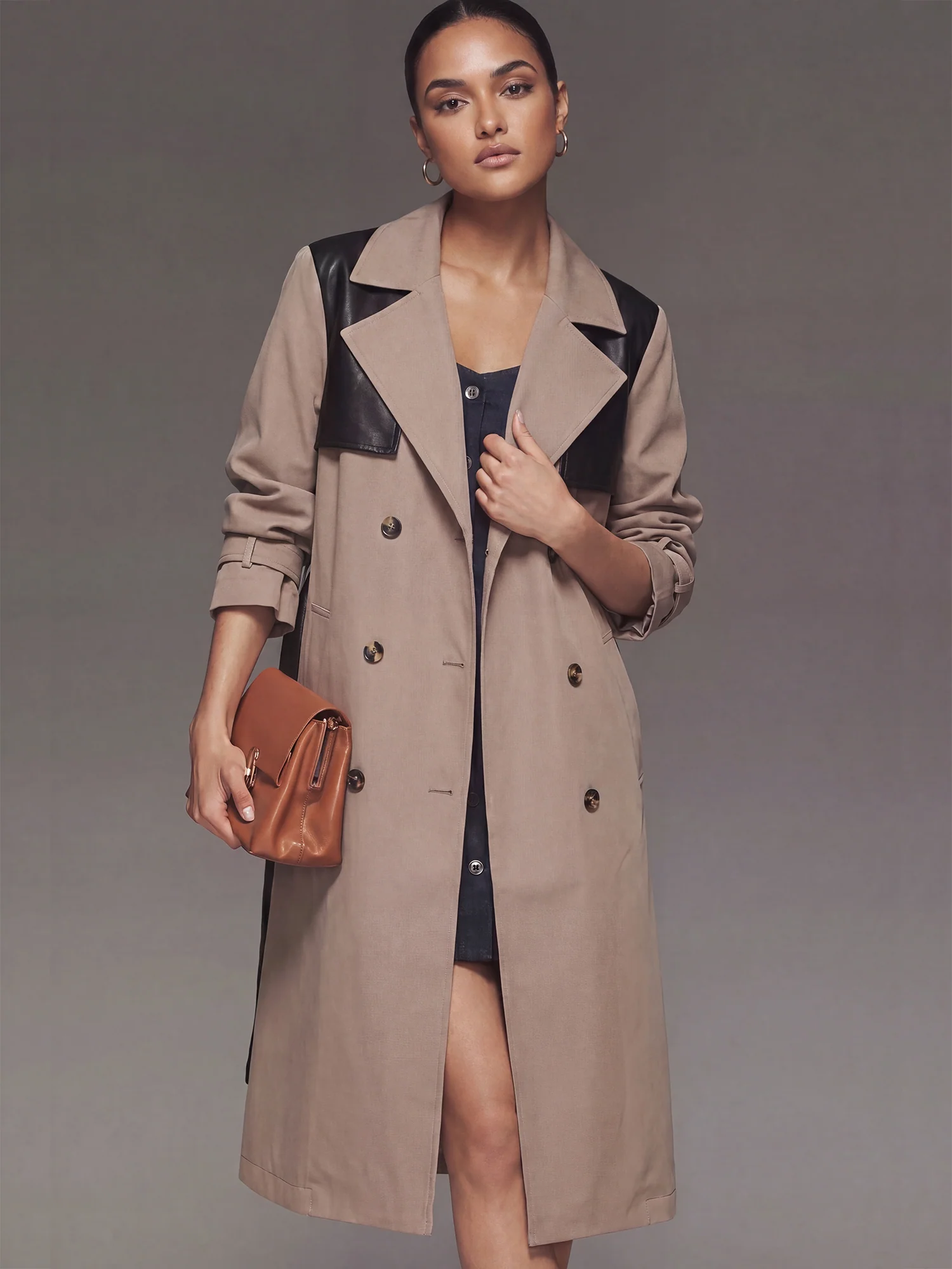 Double Breasted Removable Faux Leather Mix Trench Coat - Image 5