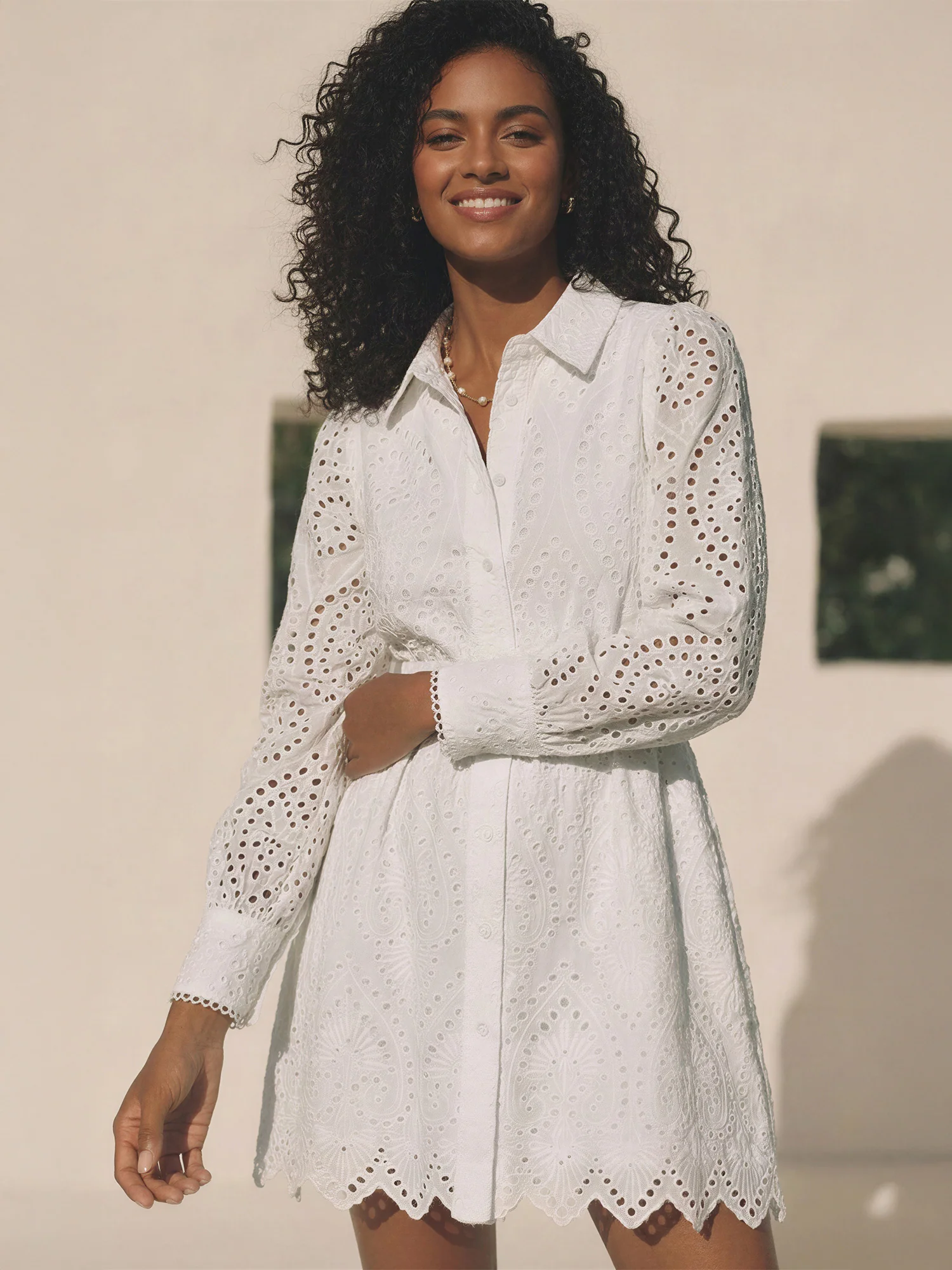 Long Sleeve Button Down Collar Eyelet Lace Fit A-Line Dress - Image 6