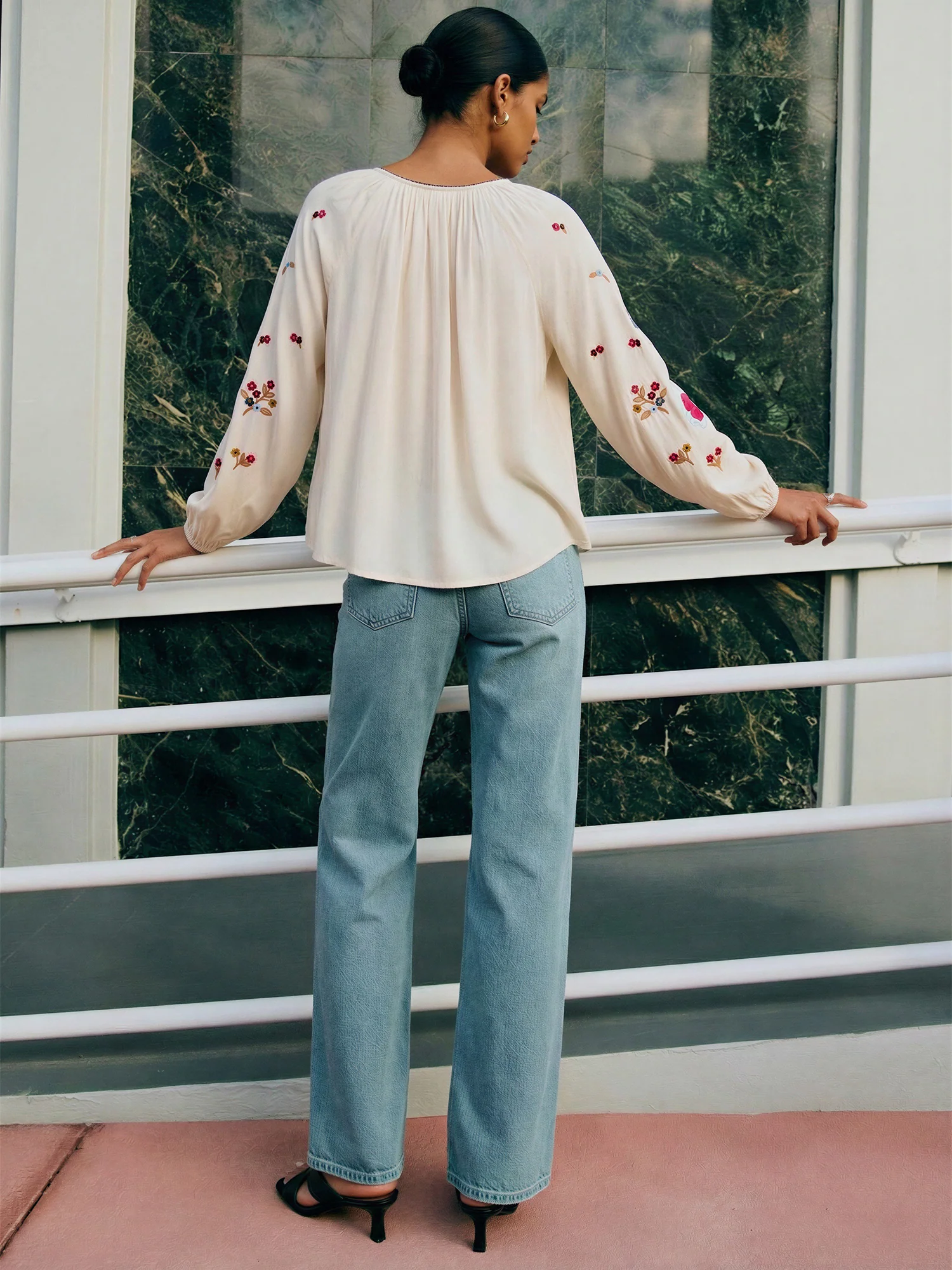 Long Balloon Sleeve Embroidered Peasant Blouse - Image 5