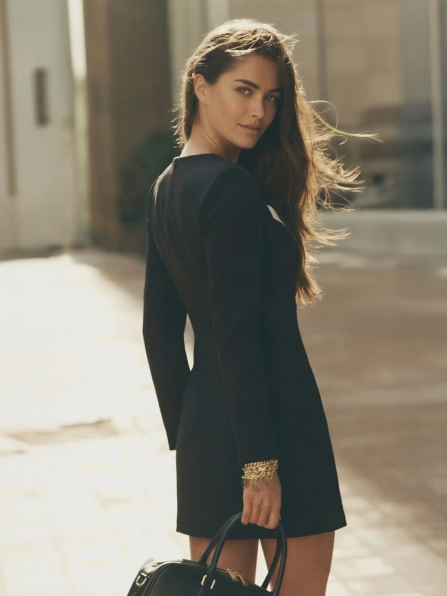 Long Sleeve Two Toned Neckline Buttoned Mini Dress - Image 3