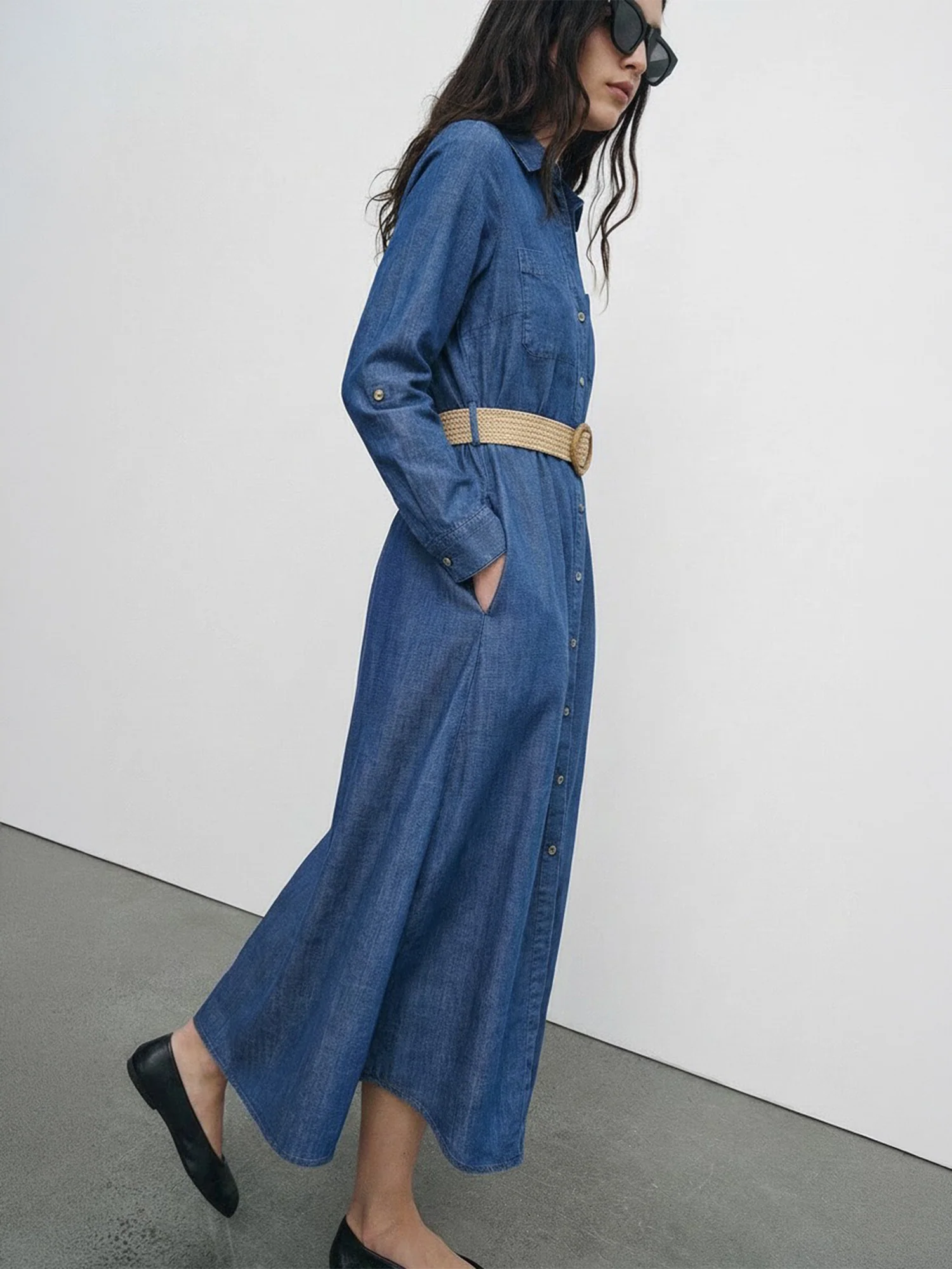 Long Sleeve Chambray Belted Shirt Midi Dress - Image 2