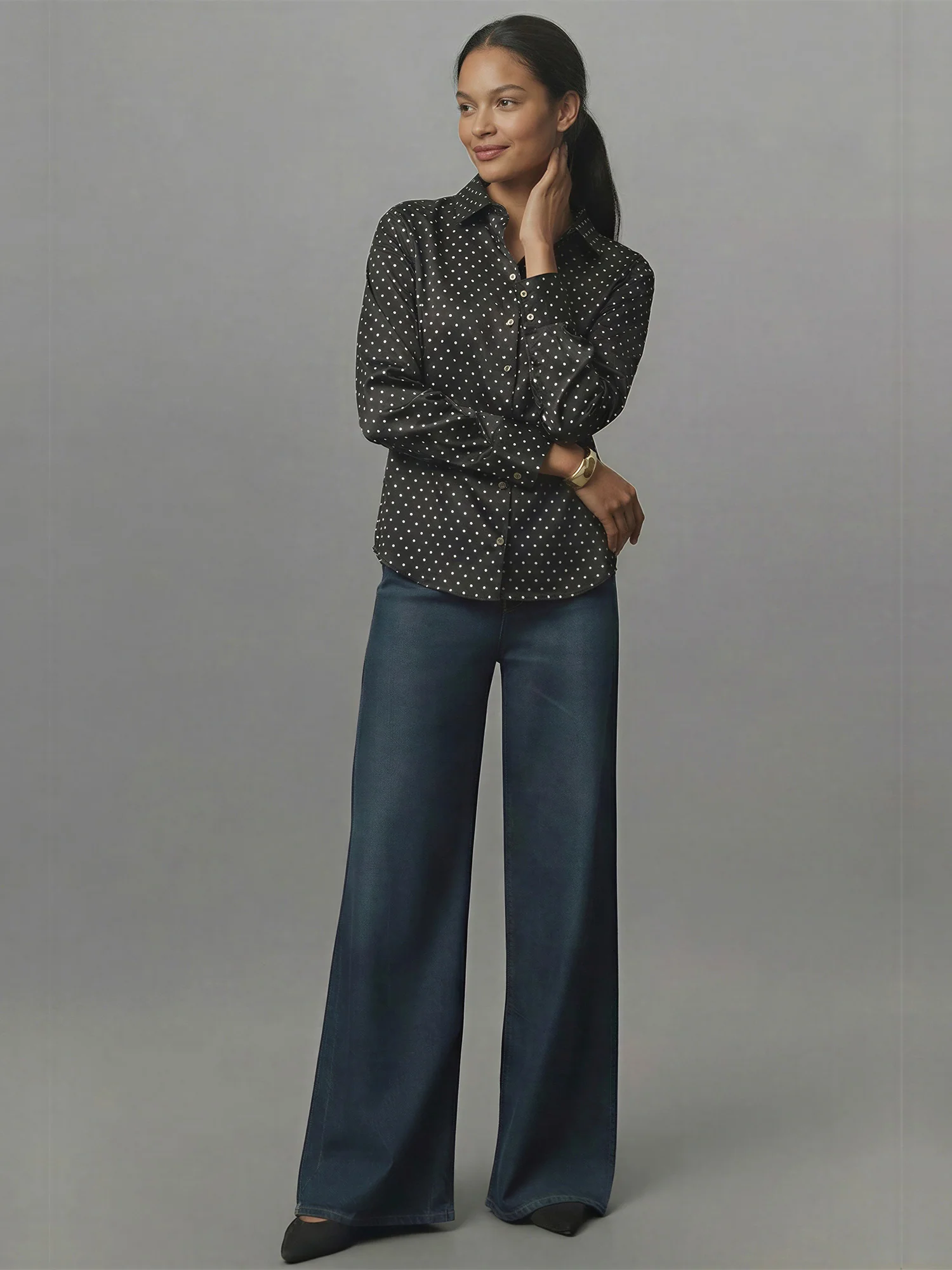 Long Sleeves Polka Dot Stretch Satin Button Down Shirt - Image 3