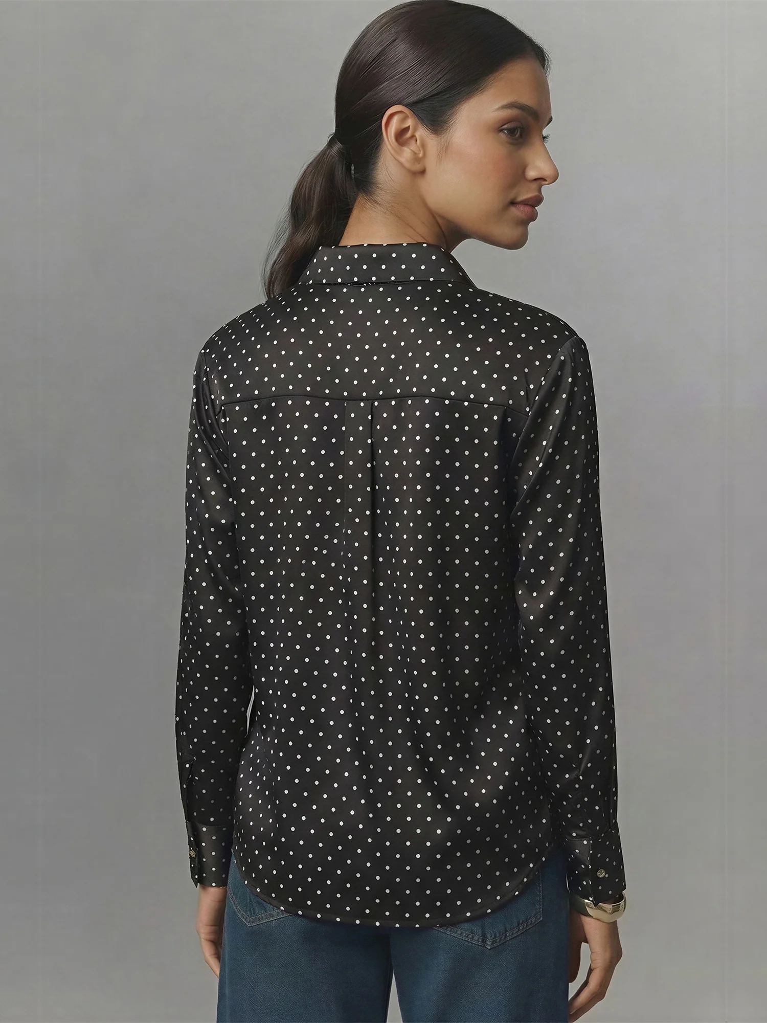 Long Sleeves Polka Dot Stretch Satin Button Down Shirt - Image 4
