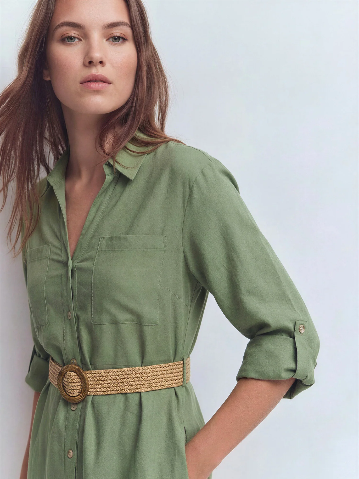 Long Sleeve Utility Button Down Linen Shirt Midi Dress - Image 4