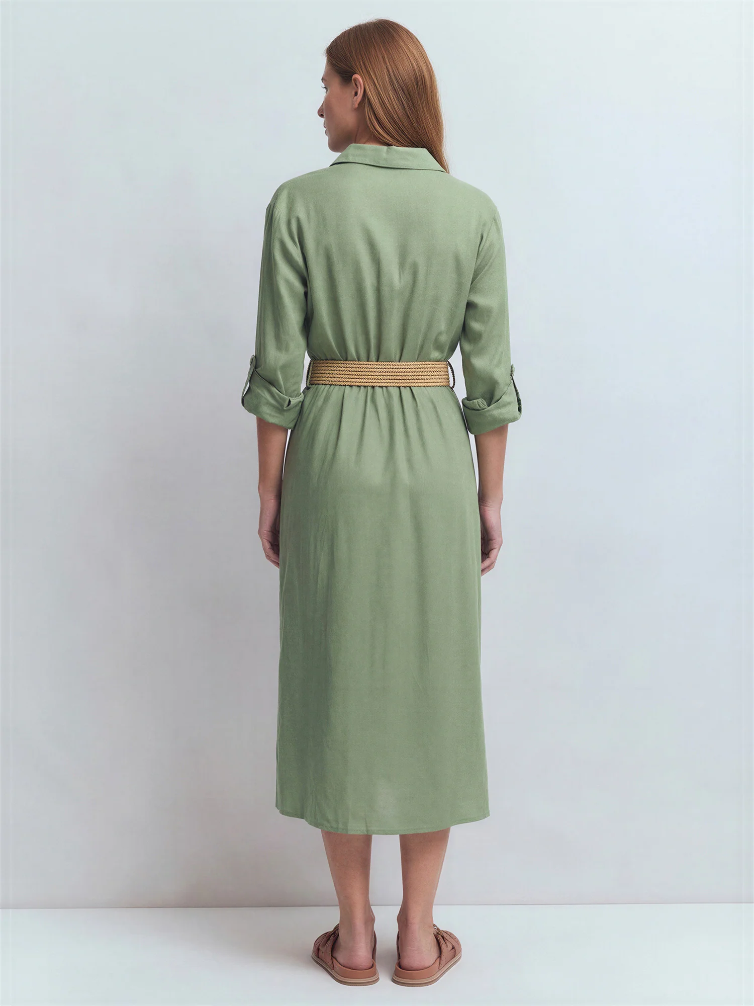 Long Sleeve Utility Button Down Linen Shirt Midi Dress - Image 5