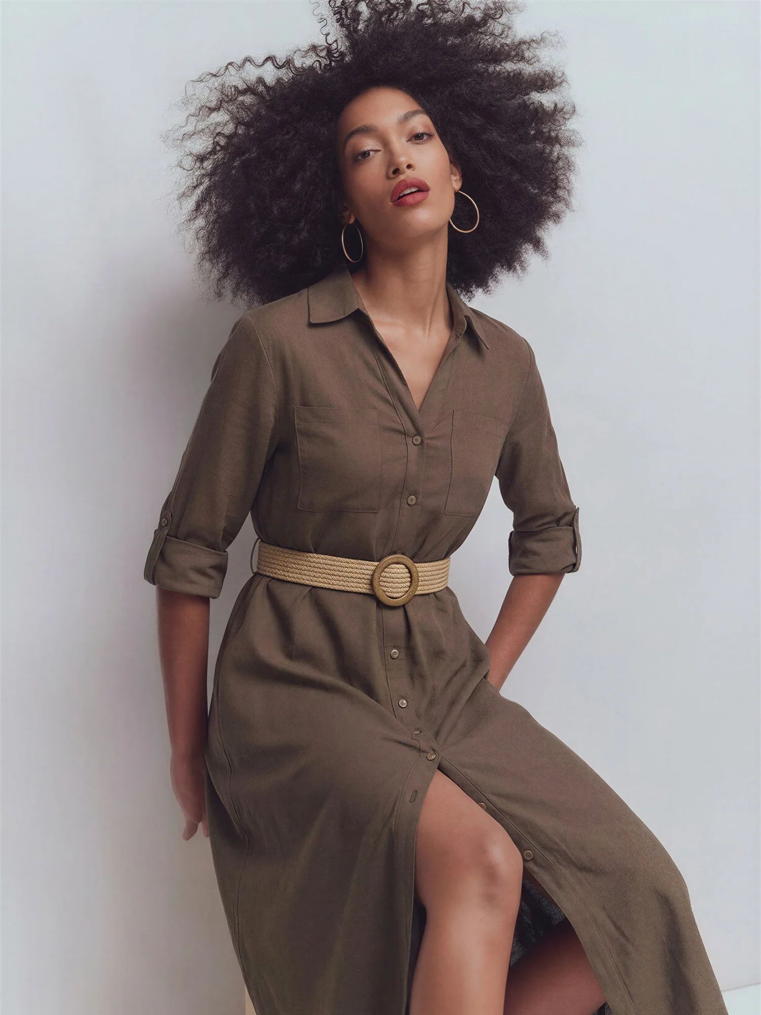 Long Sleeve Utility Button Down Linen Shirt Midi Dress - Image 9