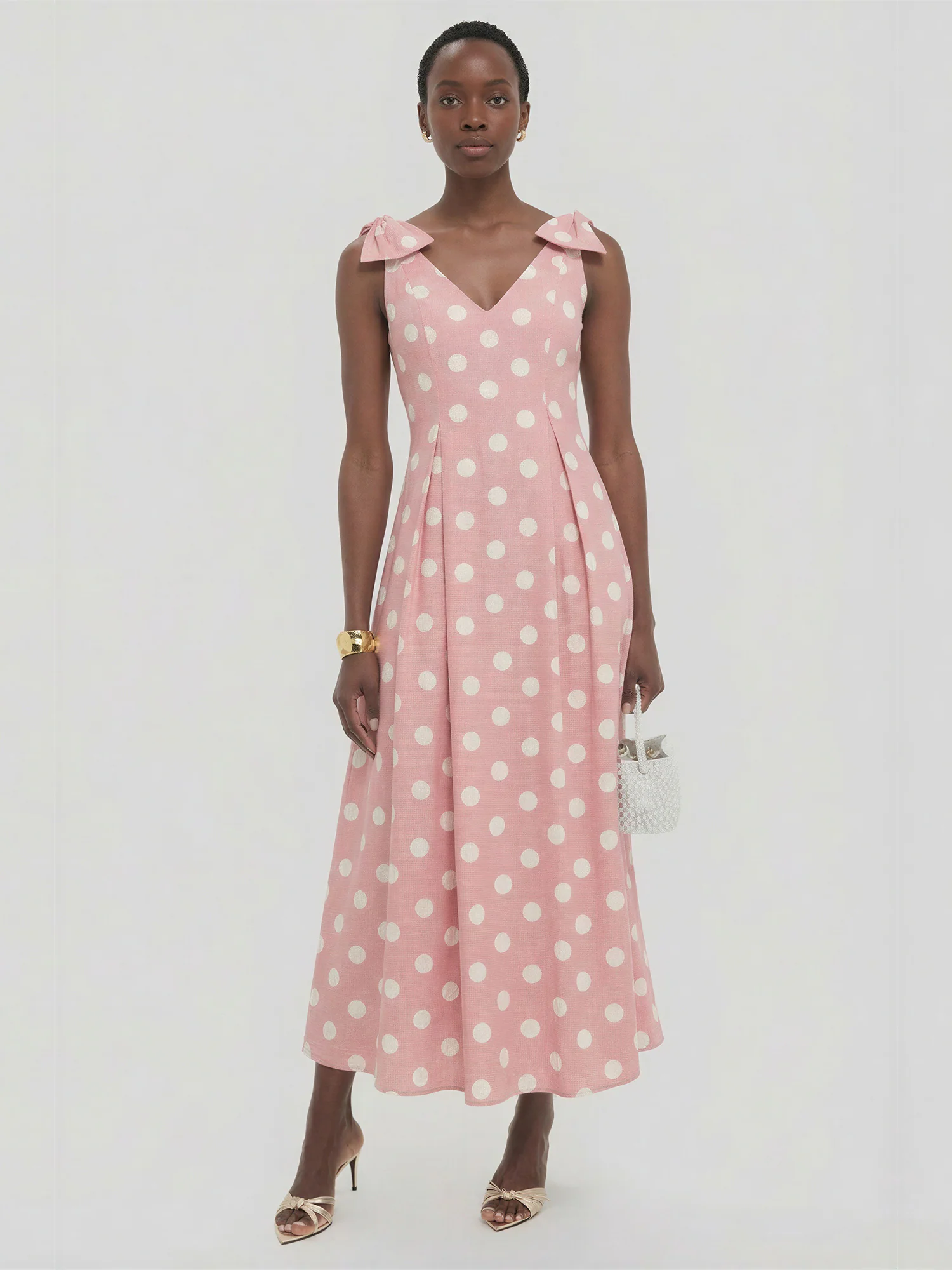 Polka Dot V-Neck Bow Shoulder A-Line Maxi Dress