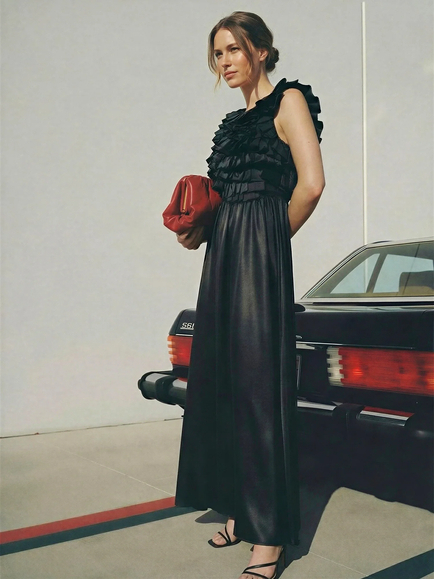 Ruffled Top Satin Maxi Dress