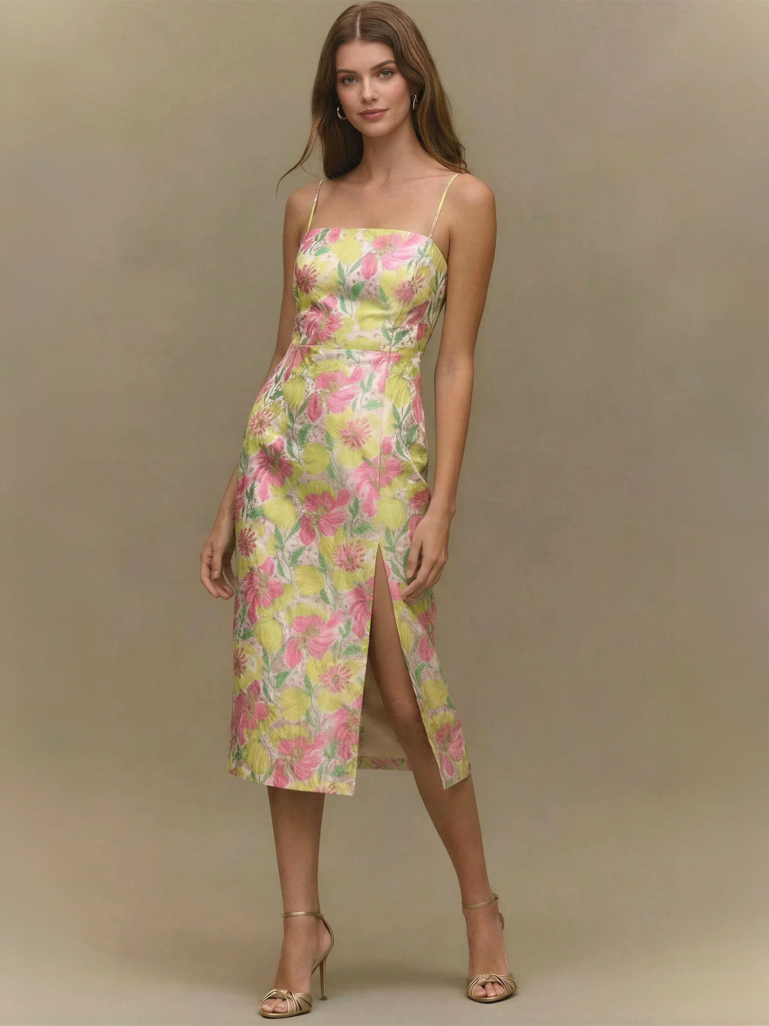 Floral Jacquard Slit Midi Cocktail Dress