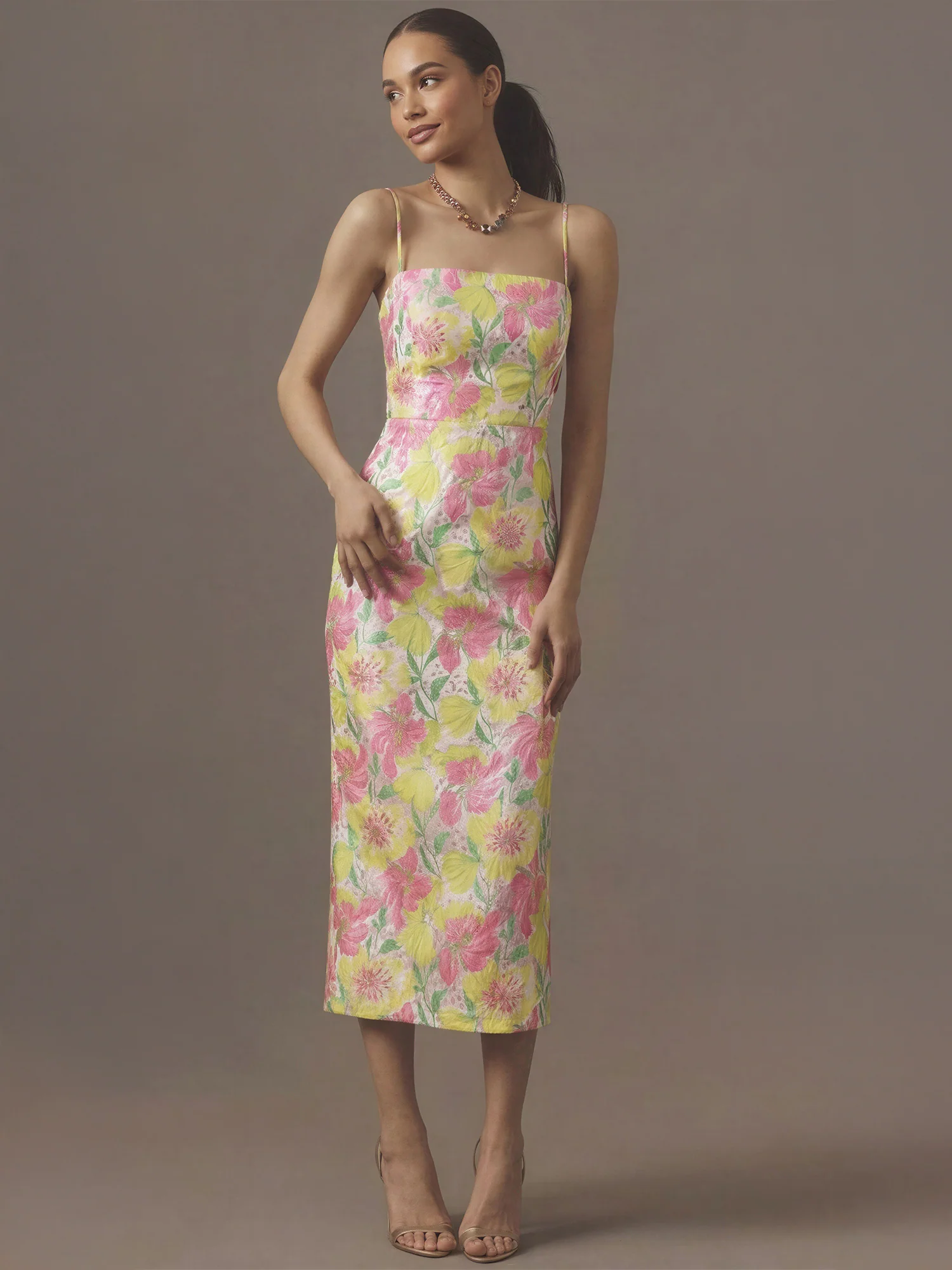 Floral Jacquard Slit Midi Cocktail Dress - Image 2