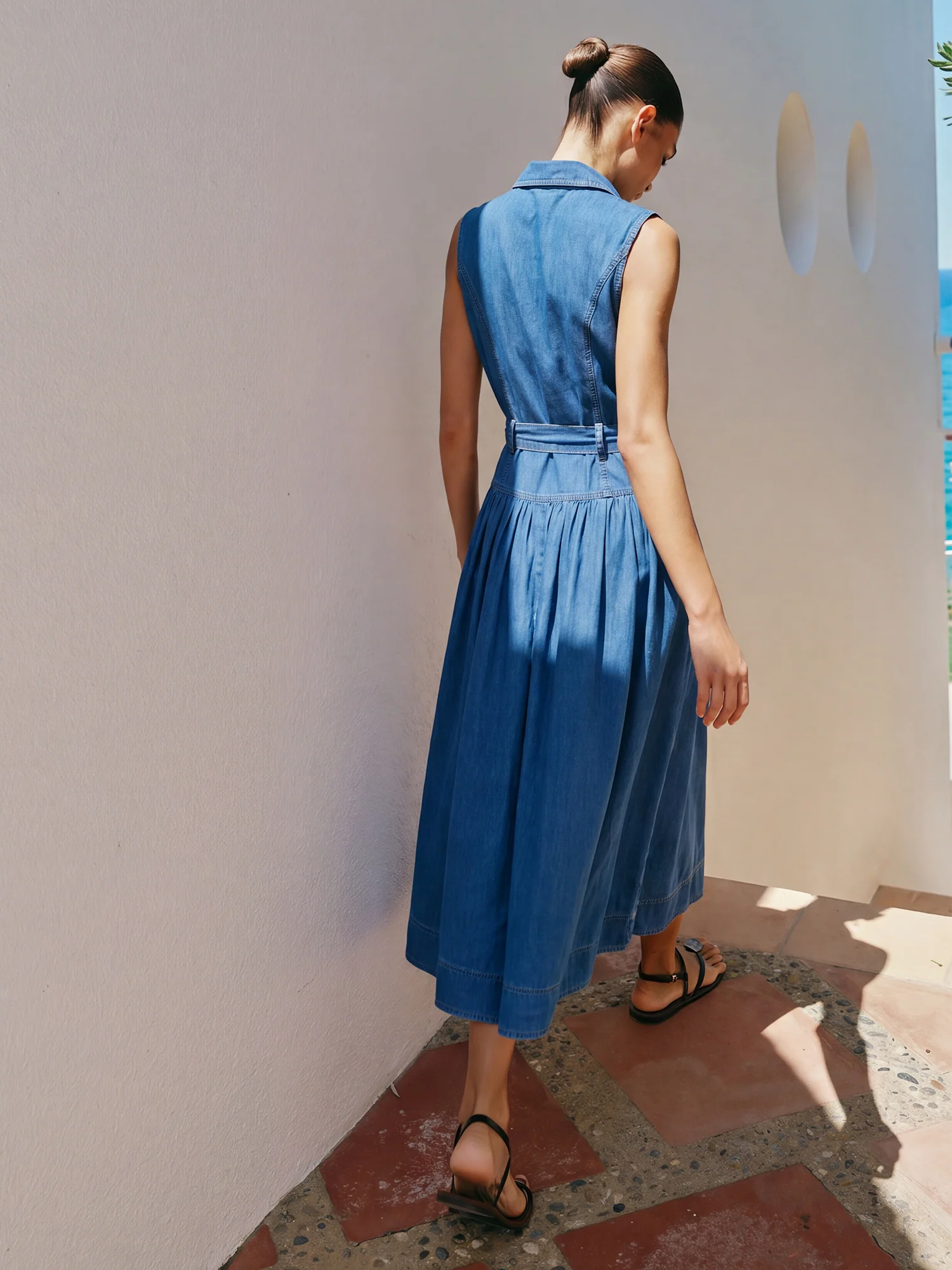 Sleeveless Lapel Collar Denim Shirt Maxi Dress - Image 3