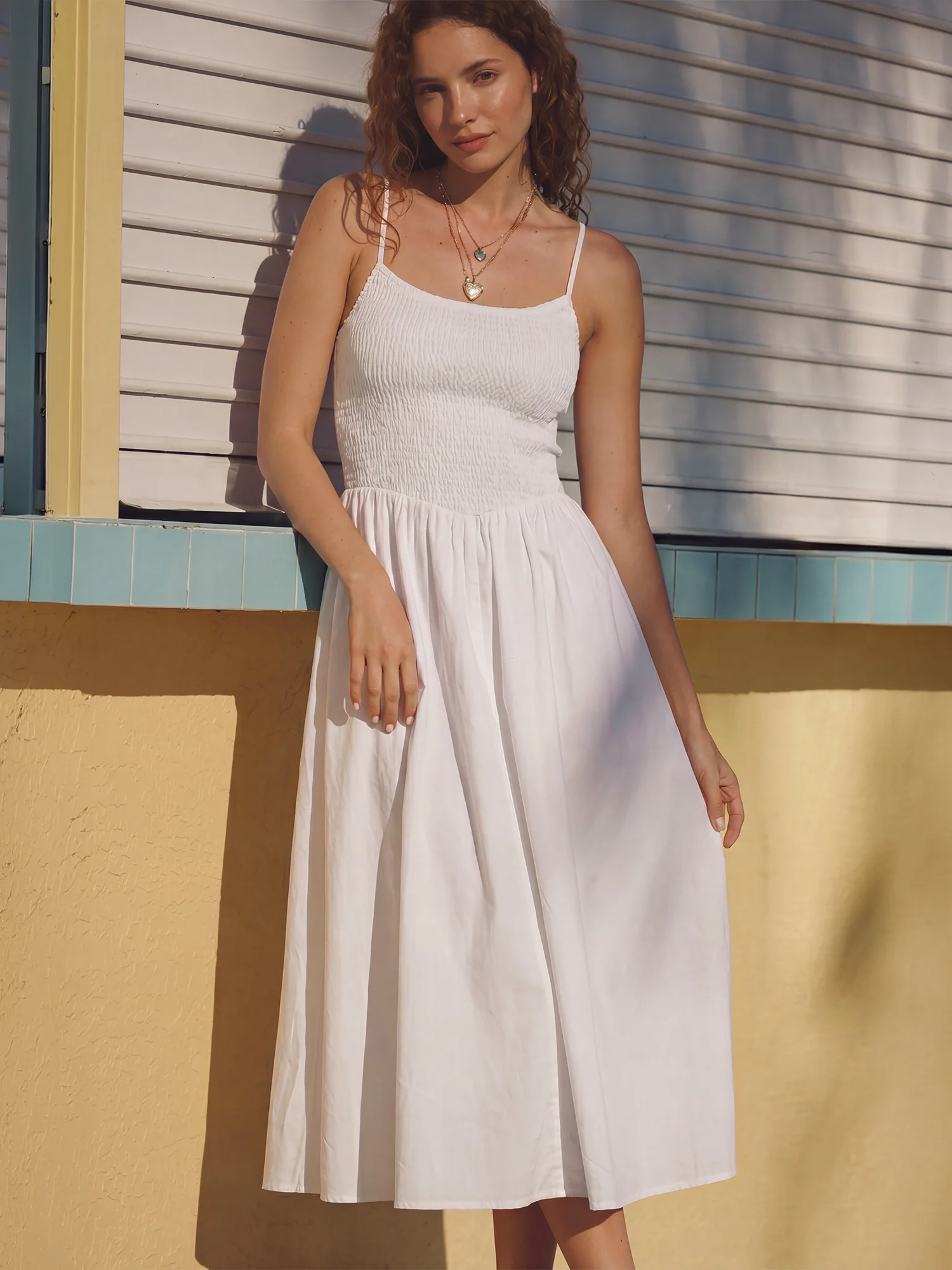 Sleeveless Smocked Bodice Cotton Poplin Midi Sun Dress - Image 6
