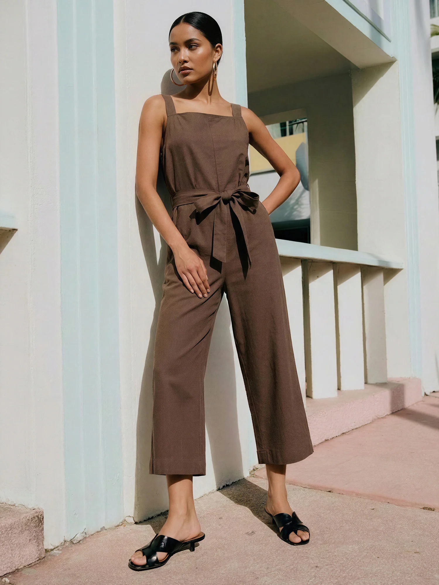 Sleeveless Square Neck Linen Blend Jumpsuit - Image 4