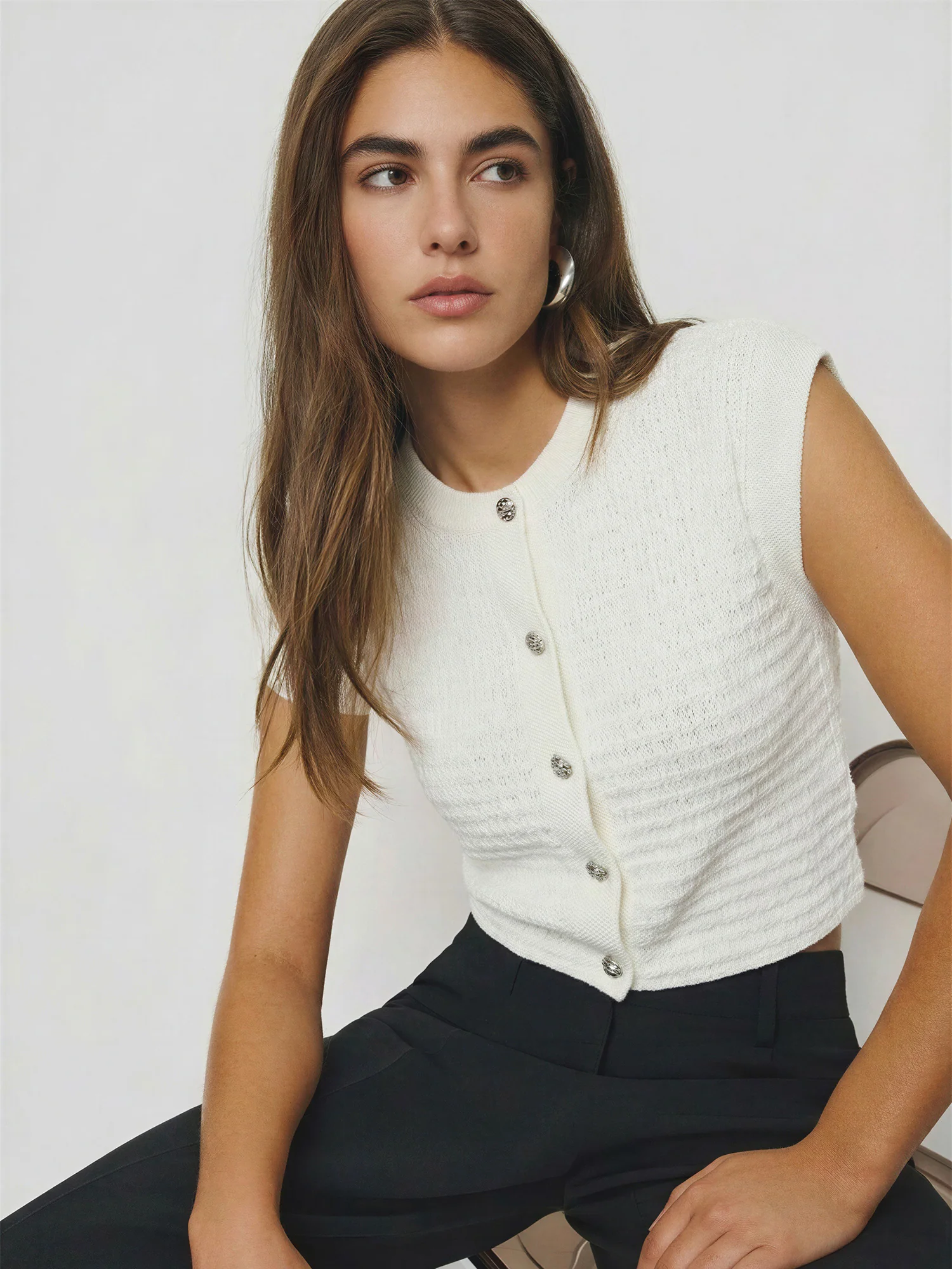 Sleeveless Textured Knit Lady Button Sweater Vest