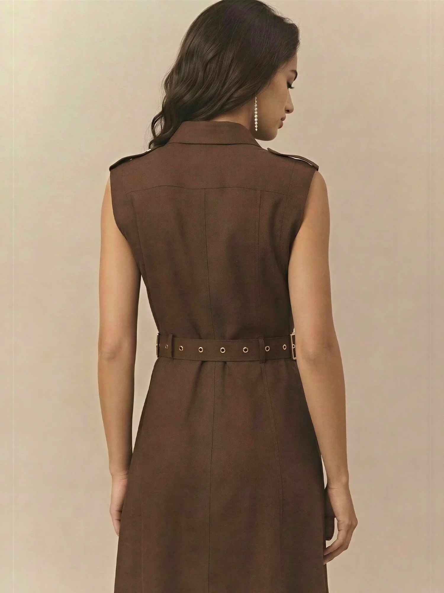 Sleeveless Utility Button Down Linen Bled Shirt Midi Dress - Image 4