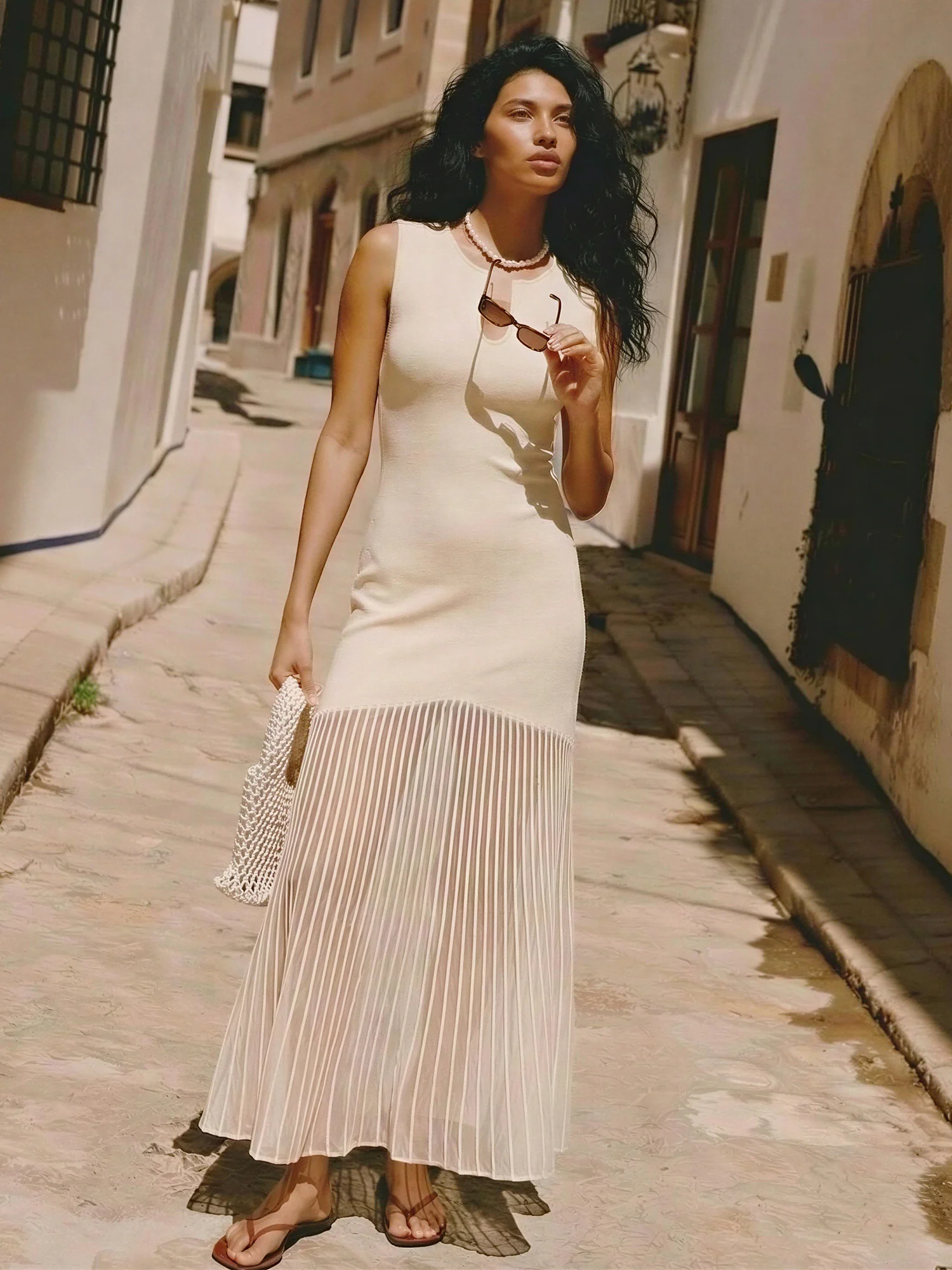 Sleeveless Sheer Pleated Bottom Knit Maxi Dress - Image 3