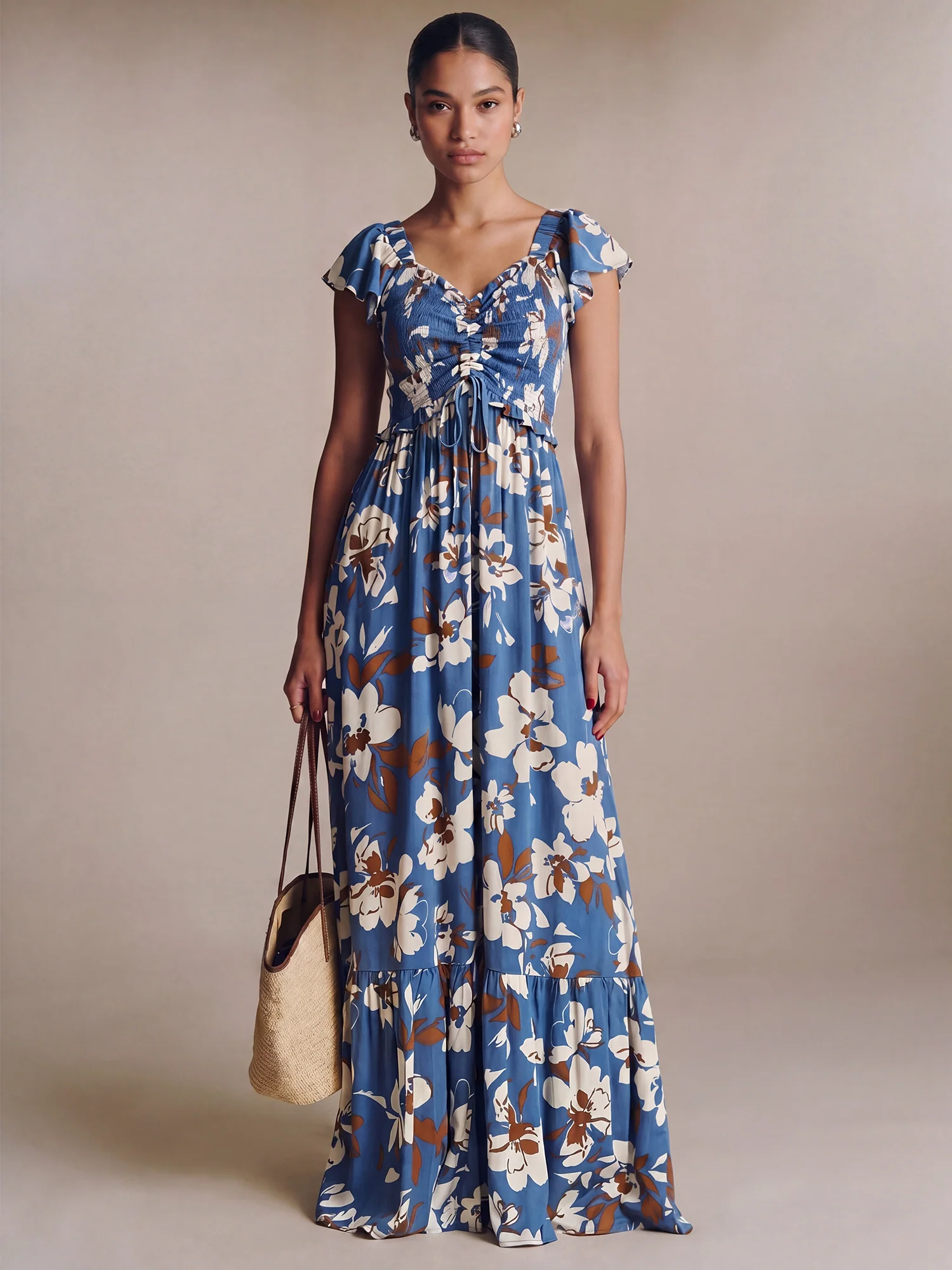 Short Sleeve Floral Smocked Bodice Maxi Sun Dress - Image 5