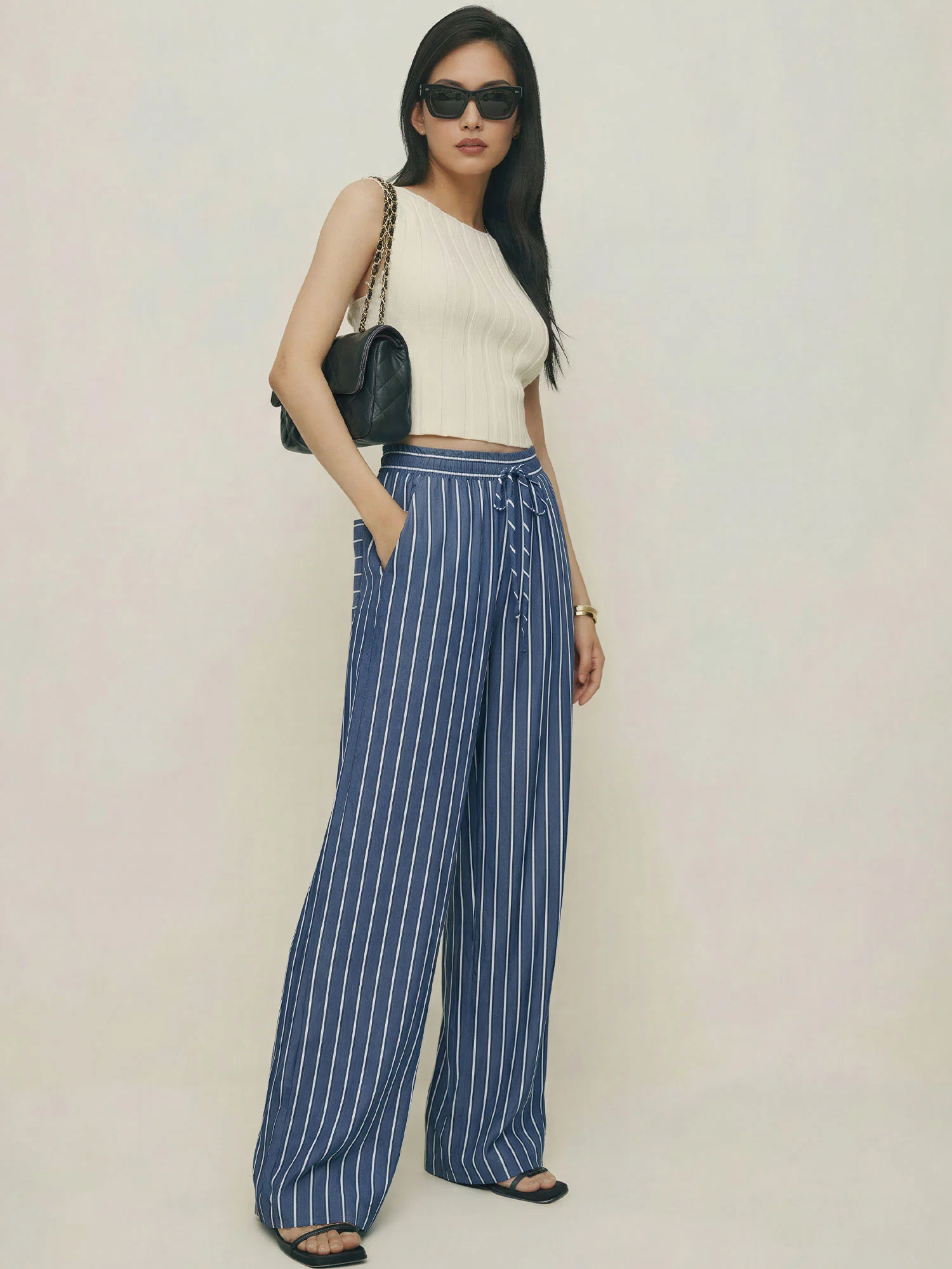 Stripe Wide Leg Tie Front Pants - Image 7