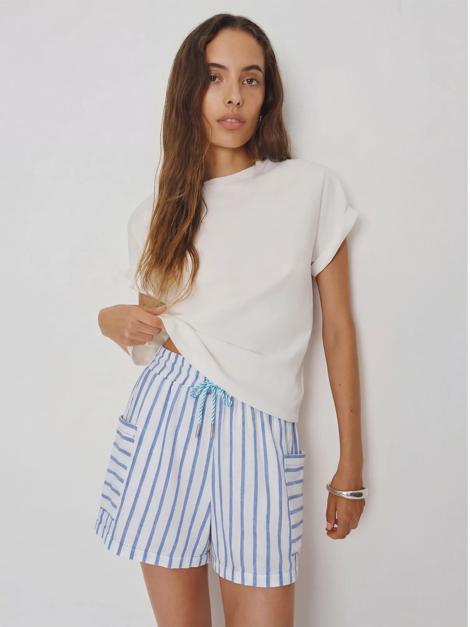 Tie Waist Woven Striped Shorts - Image 7