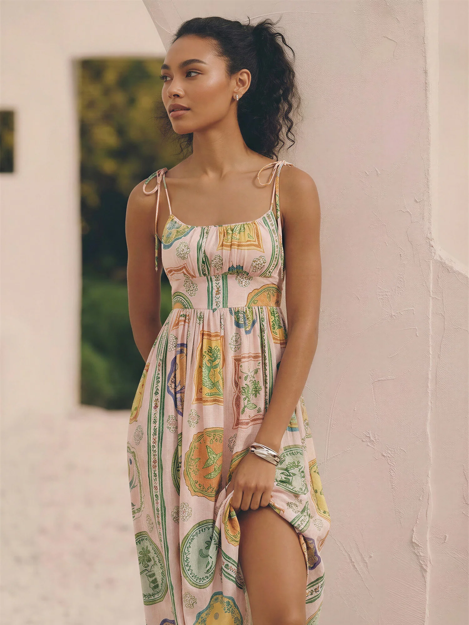 Sleeveless Tie Strap Printed Maxi A Line Dress - Image 2
